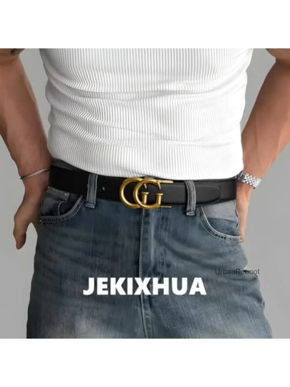 Men's Genuine Leather Belt with Gold Buckle, Adjustable Strap for Business &